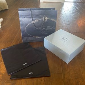 Prada shopping bag, shoebox, & dust bags